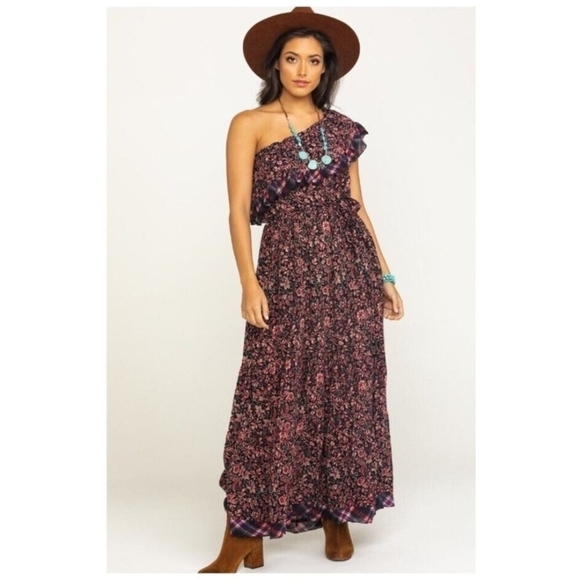 Free People What About Love Maxi Dress Printed One Shoulder Ruffle Belted XS - Picture 2 of 14